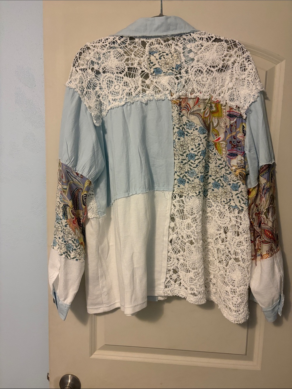 POL Patchwork Lace Button-Down Shirt in Light Blue and White - Picture 3 of 3